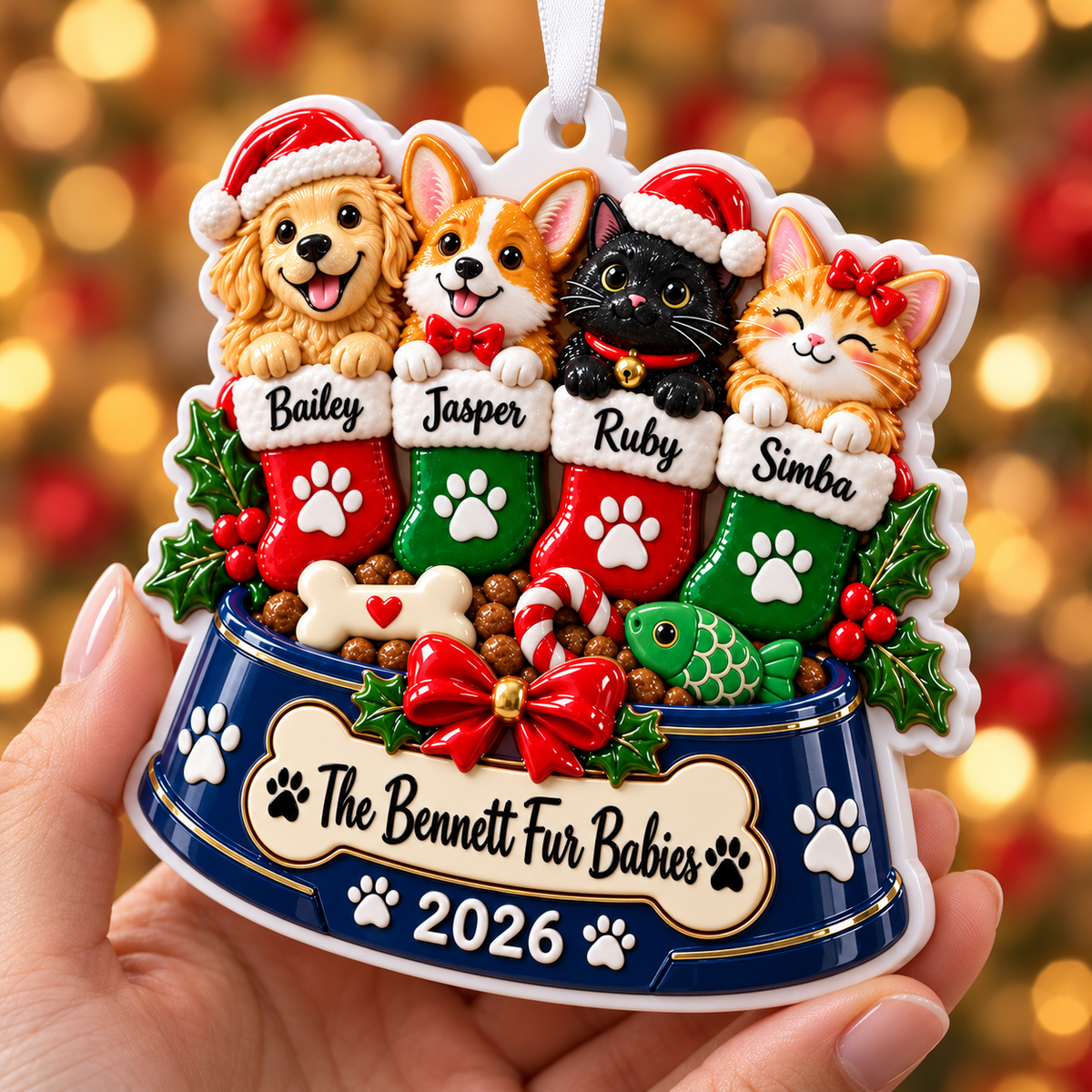 Christmas Pet Bowl with Four Dogs and Cats in Stockings Hanging Decor - 3D Relief Ornament