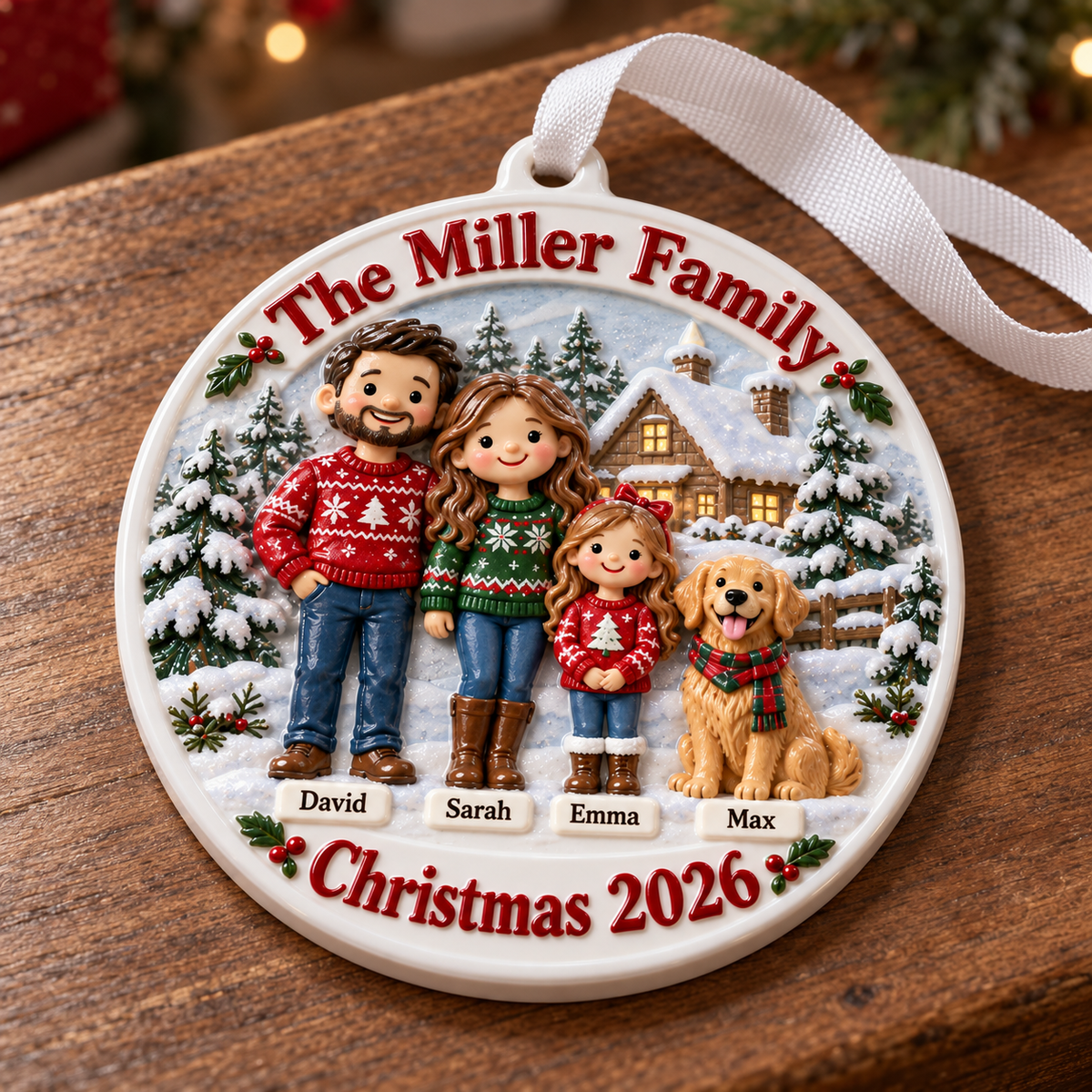 Family of Three with Dog Snowy Cabin Scene Holiday Keepsake - 3D Relief Ornament