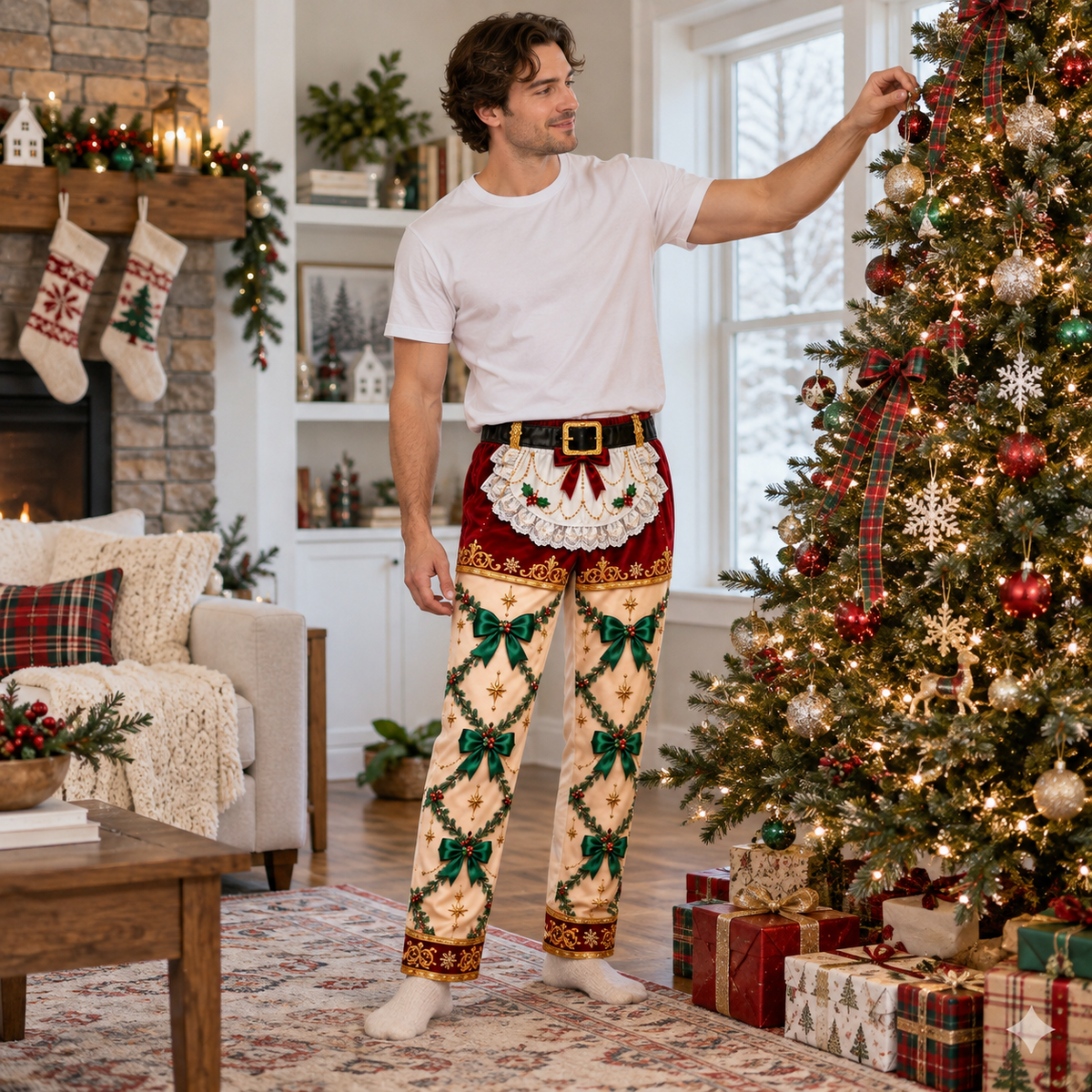 Christmas Holiday Print Trousers Casual Elastic Waist Pants