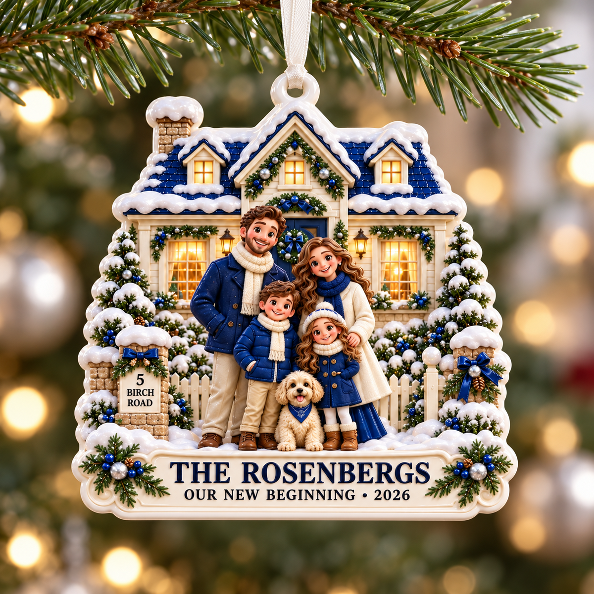 New Home Family with Dog and Snowy House Winter Keepsake - 3D Relief Ornament