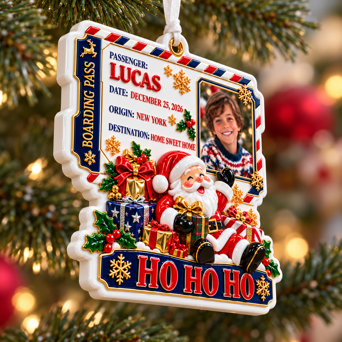Santa Claus Boarding Pass Photo Frame Christmas Holiday Keepsake - 3D Relief Ornament