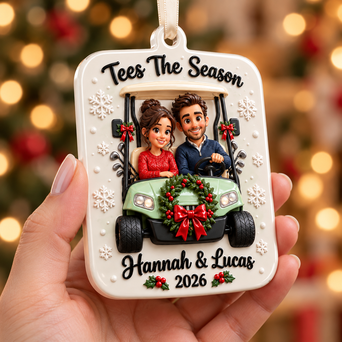 Golf Cart Couple Christmas Holiday Keepsake Plaque - 3D Relief Ornament