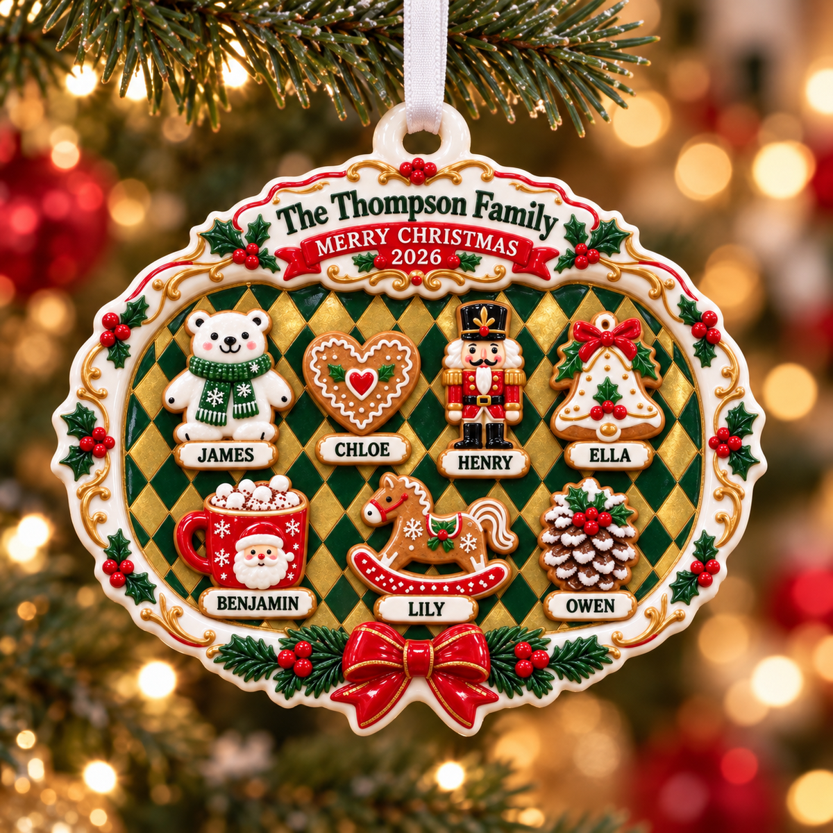 Family Christmas Plaque with Holiday Gingerbread Characters - 3D Relief Ornament