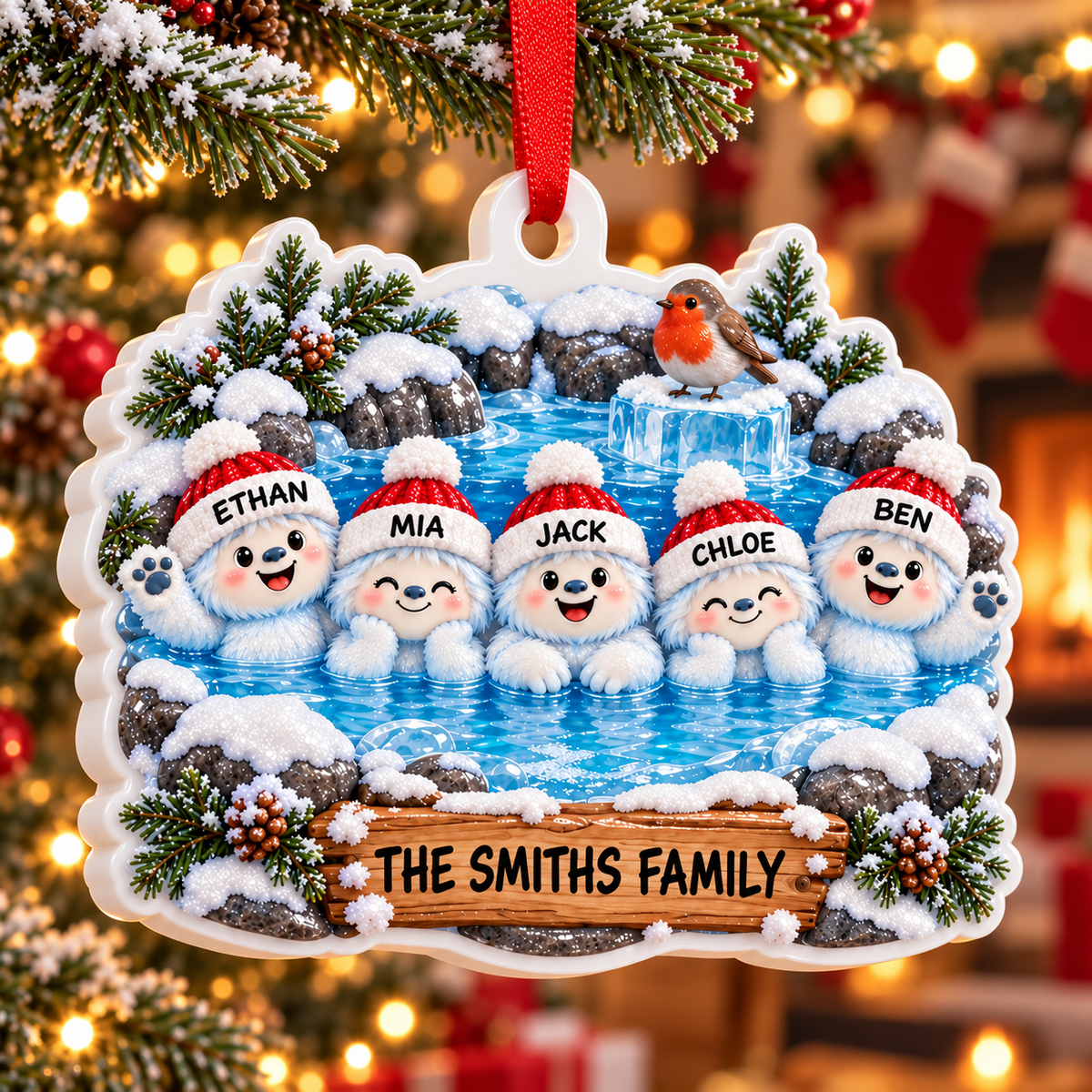 Winter Yeti Family in Hot Spring Acrylic Holiday Bauble - 3D Relief ...