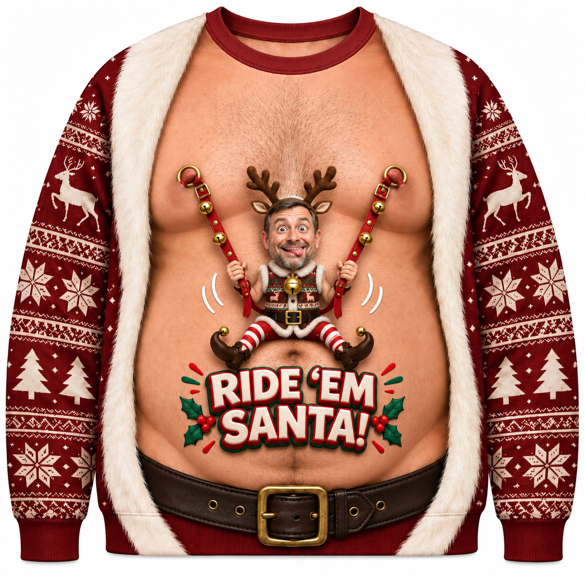 Funny Christmas Sweatshirt Faux Hairy Chest Holiday Graphic Crewneck