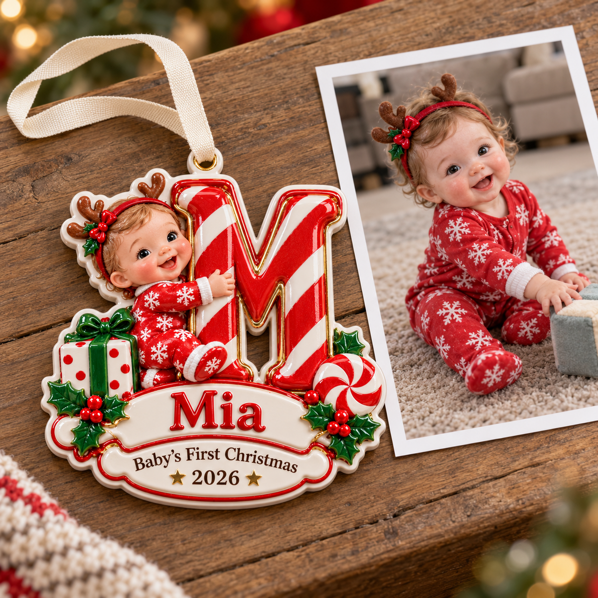 Baby First Christmas Initial Letter M Keepsake with Candy Cane Stripe - 3D Relief Ornament