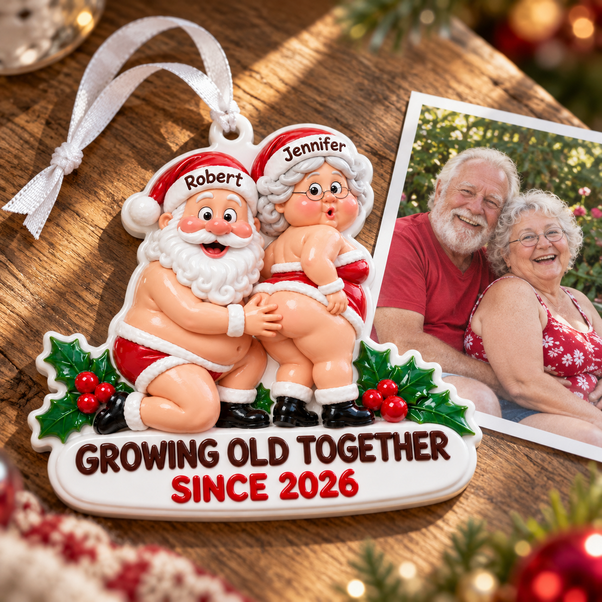 Novelty Santa Couple Christmas Tree Hanging Keepsake, Red and White Festive Plaque - 3D Relief Ornament