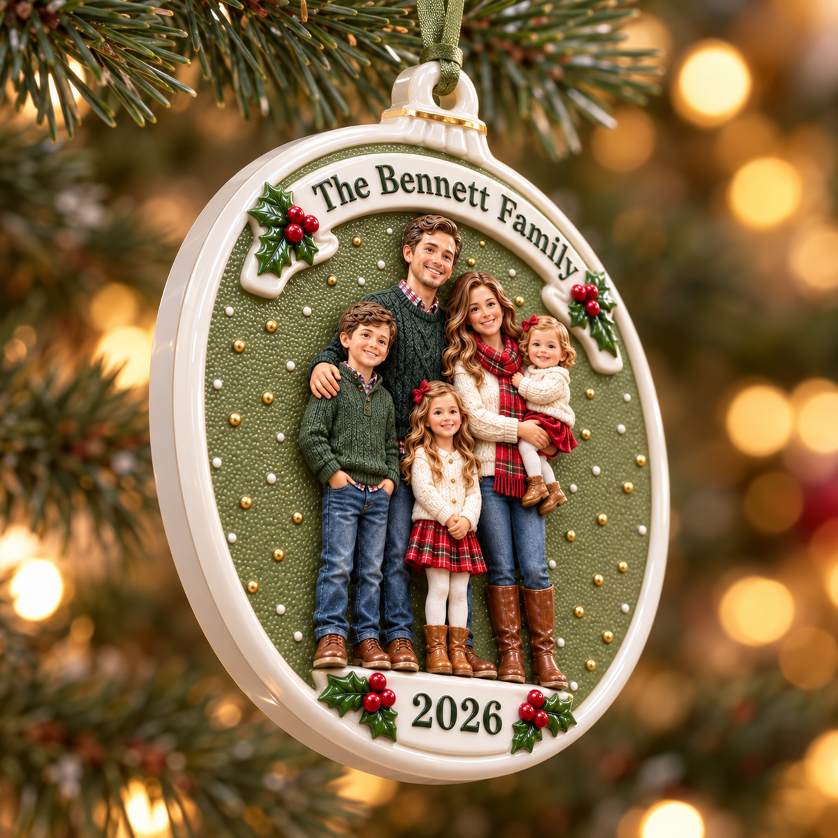 Family Portrait Ceramic Medallion with Ribbon and Holly Accents - 3D Relief Ornament