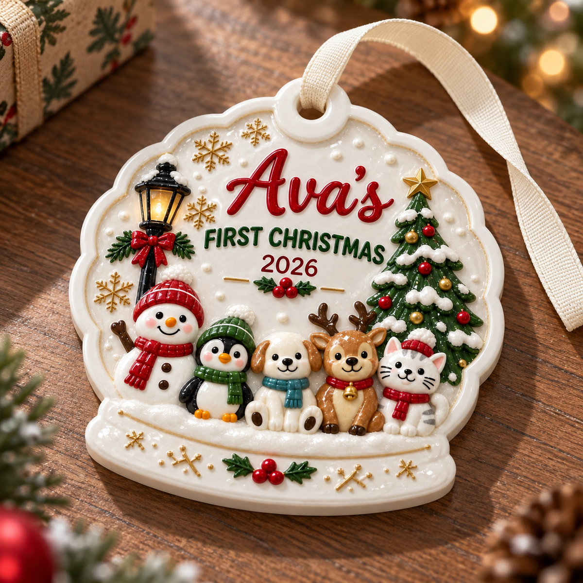 First Christmas Snow Globe Hanging Keepsake with Winter Animals - 3D Relief Ornament