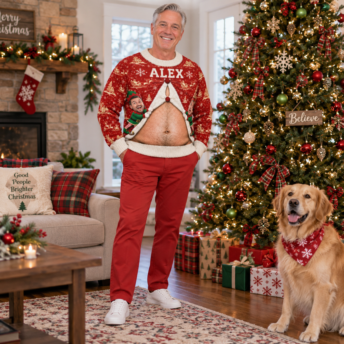 Christmas Sweatshirt with Hairy Belly Illusion Holiday Pullover