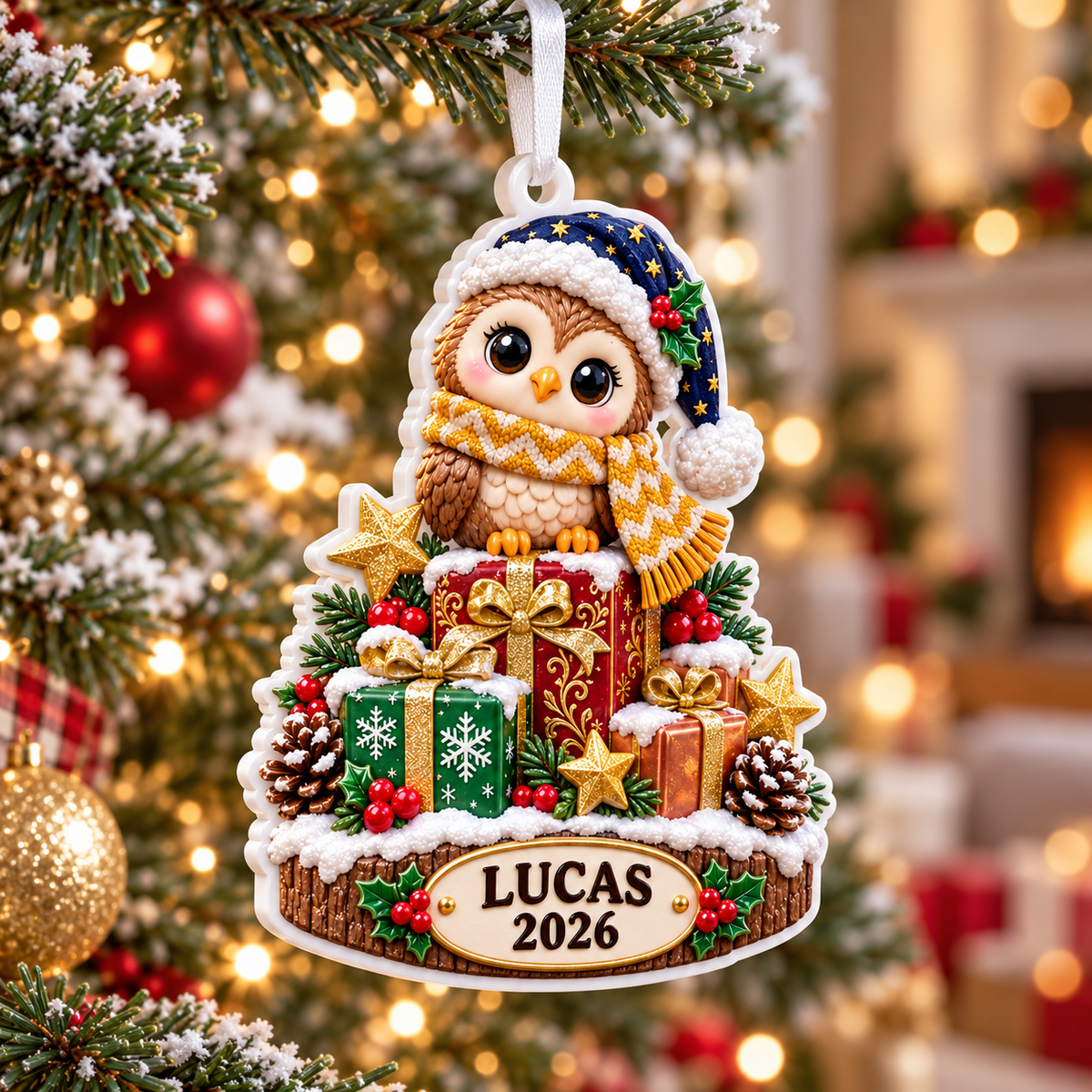 Winter Owl Perched on Stacked Holiday Gift Boxes Plaque - 3D Relief Ornament