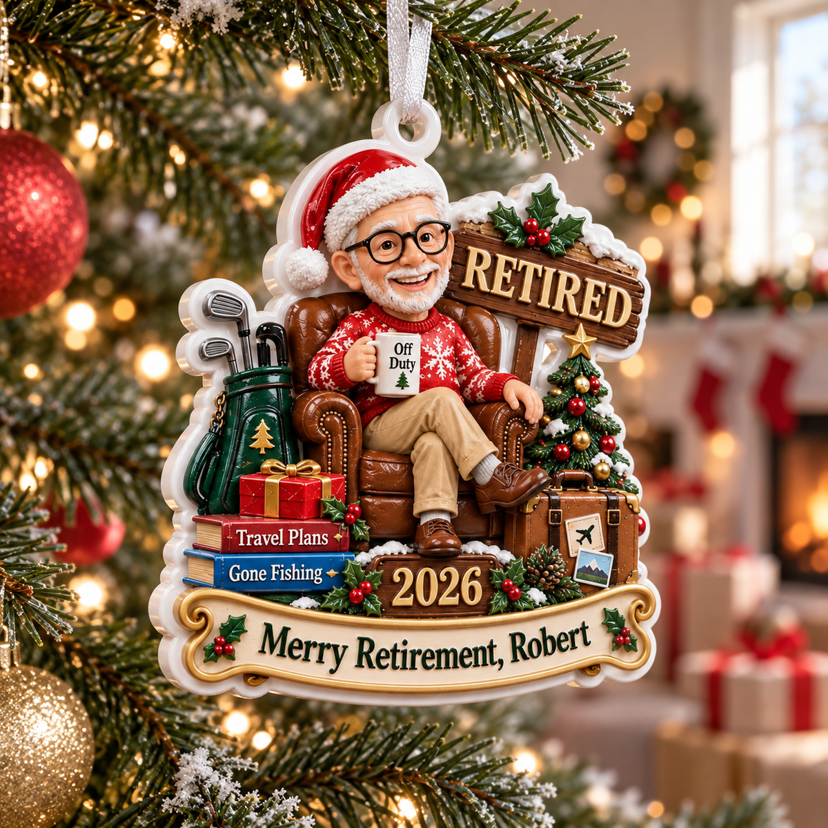 Retirement Christmas Holiday Tree Keepsake with Armchair and Golf Bag - 3D Relief Ornament