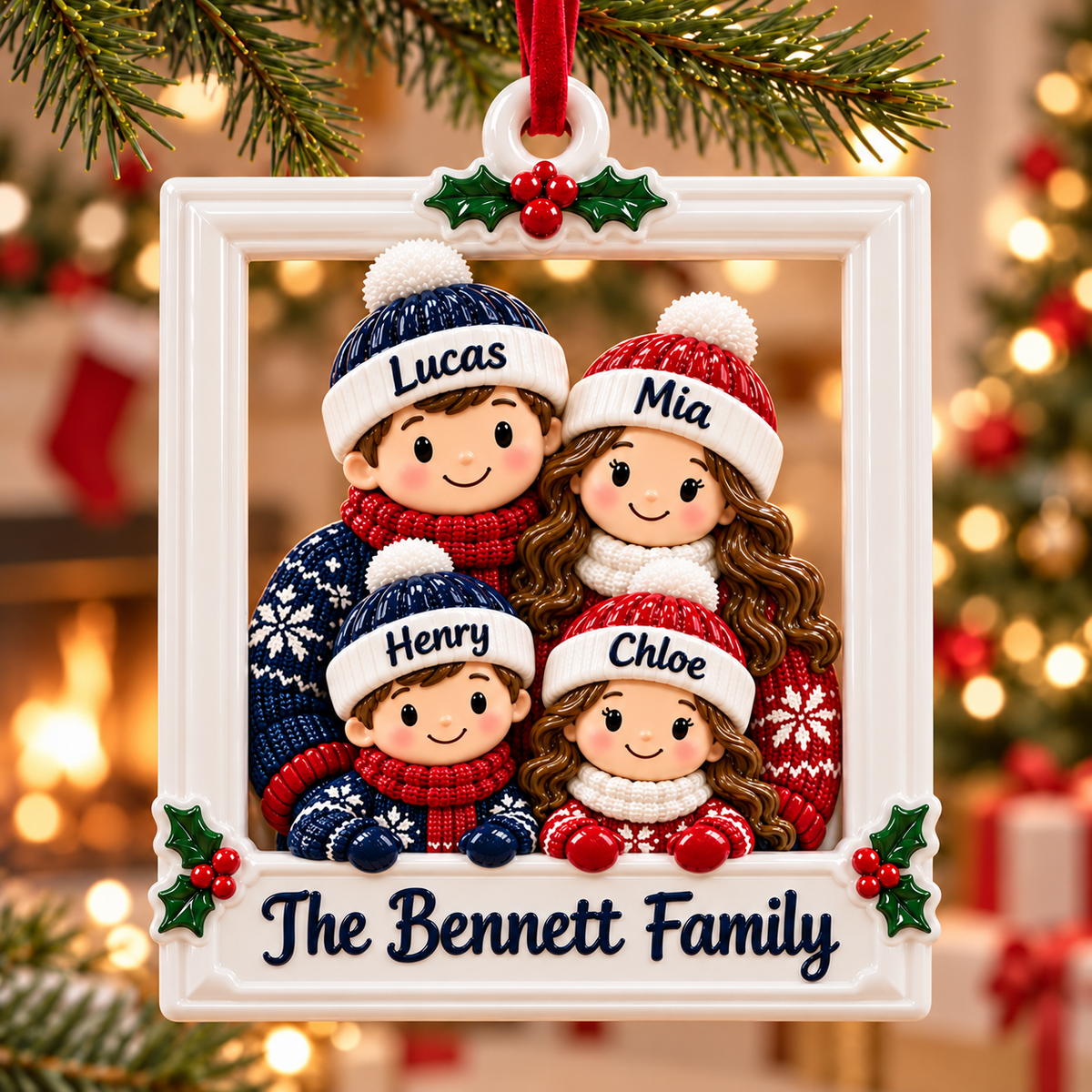 Christmas Family of 7 Winter Beanie Picture Frame Holiday Hanging - 3D Relief Ornament