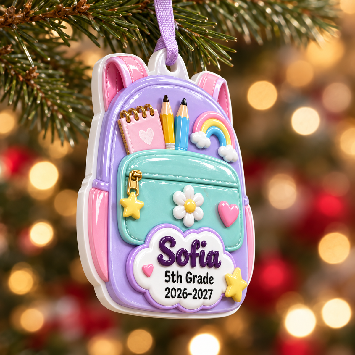 School Backpack Student Keepsake with Pastel Supplies and Rainbow - 3D Relief Ornament