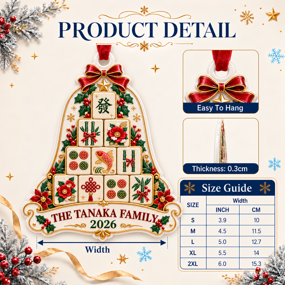Mahjong Tile Christmas Bell Hanging Keepsake, Holiday Tree Decor - 3D Relief Ornament