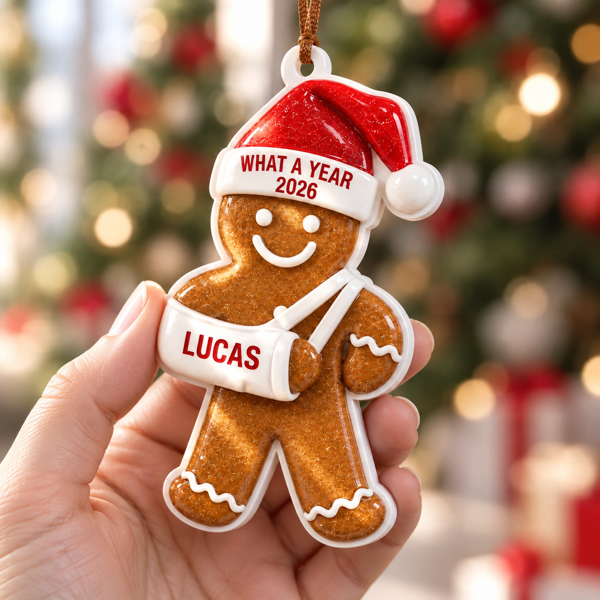 Gingerbread Man with Broken Arm Cast and Santa Hat Holiday Tree Decor - 3D Relief Ornament
