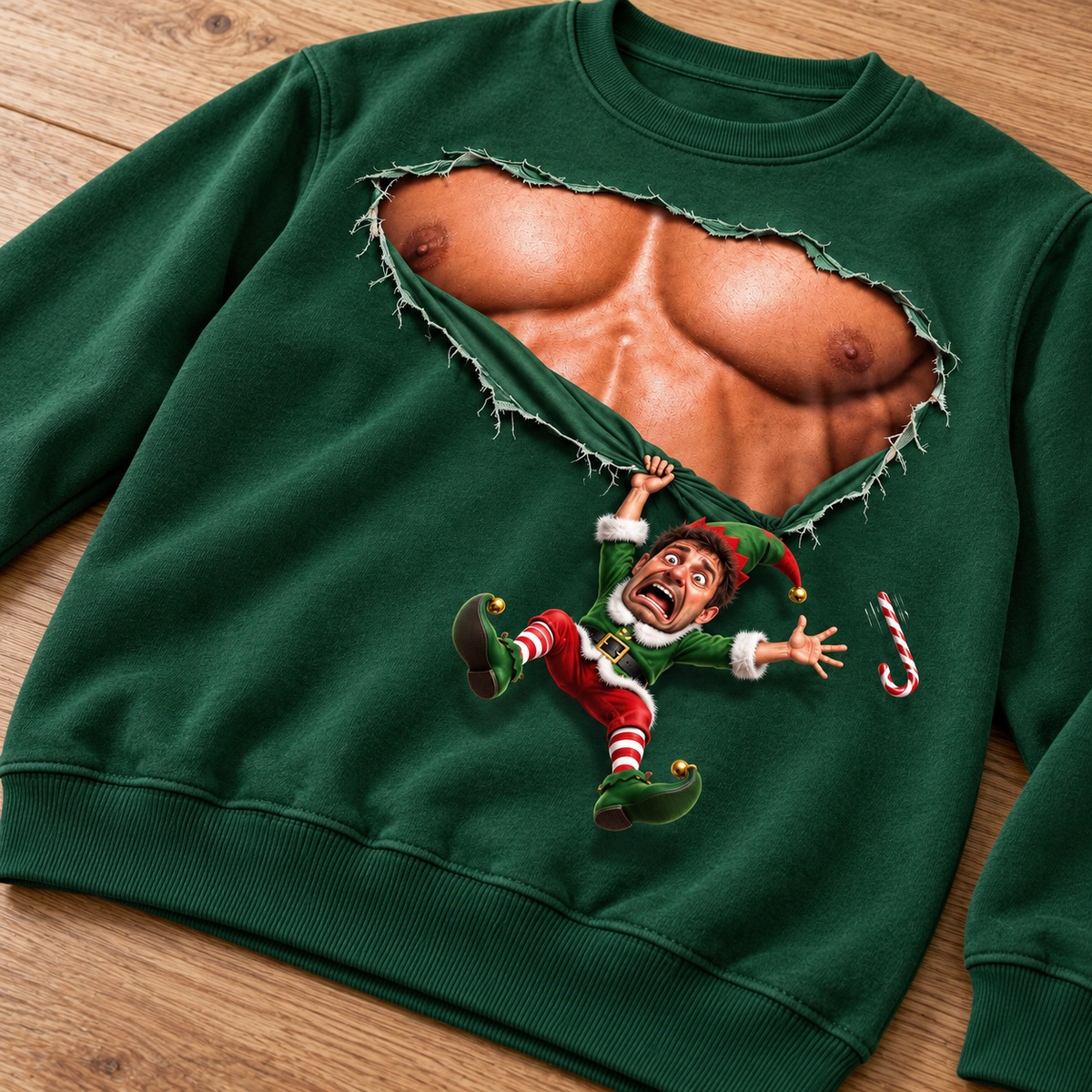 Christmas Sweatshirt with Ripped Muscular Chest Falling Elf Graphic