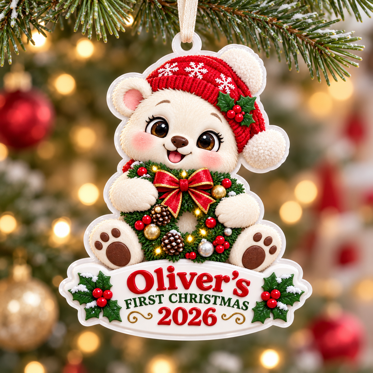 Baby Bear with Wreath First Christmas Acrylic Tree Hanging Keepsake - 3D Relief Ornament