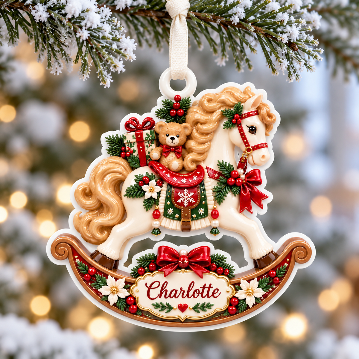 Vintage Rocking Horse with Teddy Bear and Christmas Holly Accent - 3D Relief Ornament