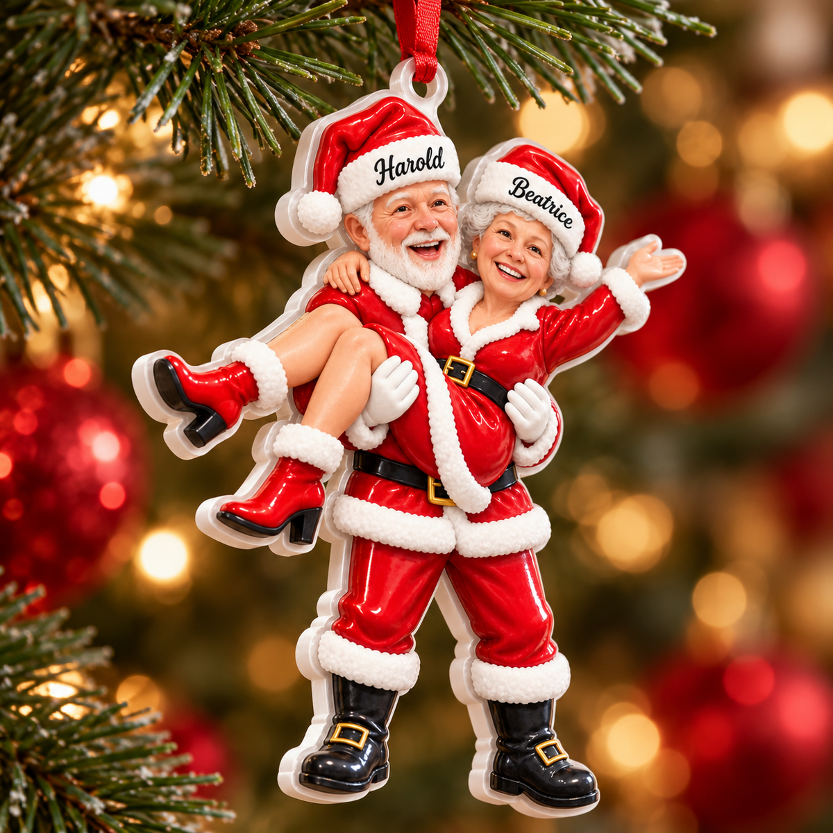 Santa and Mrs Claus Couple Holiday Tree Hanging Figurine in Red - 3D Relief Ornament