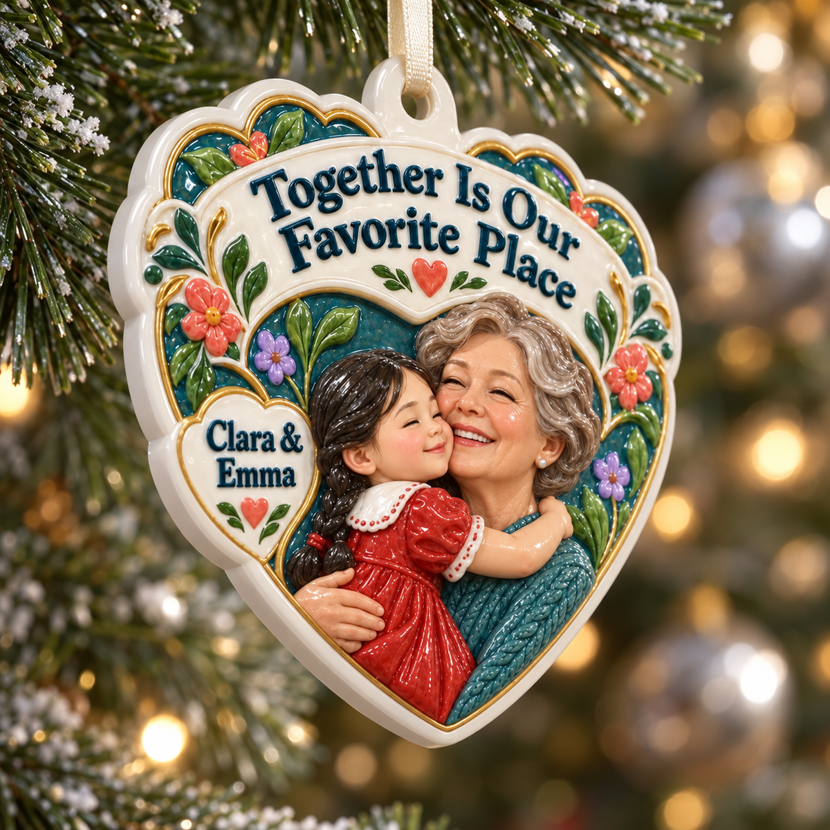 Grandmother and Granddaughter Heart Holiday Keepsake - 3D Relief Ornament