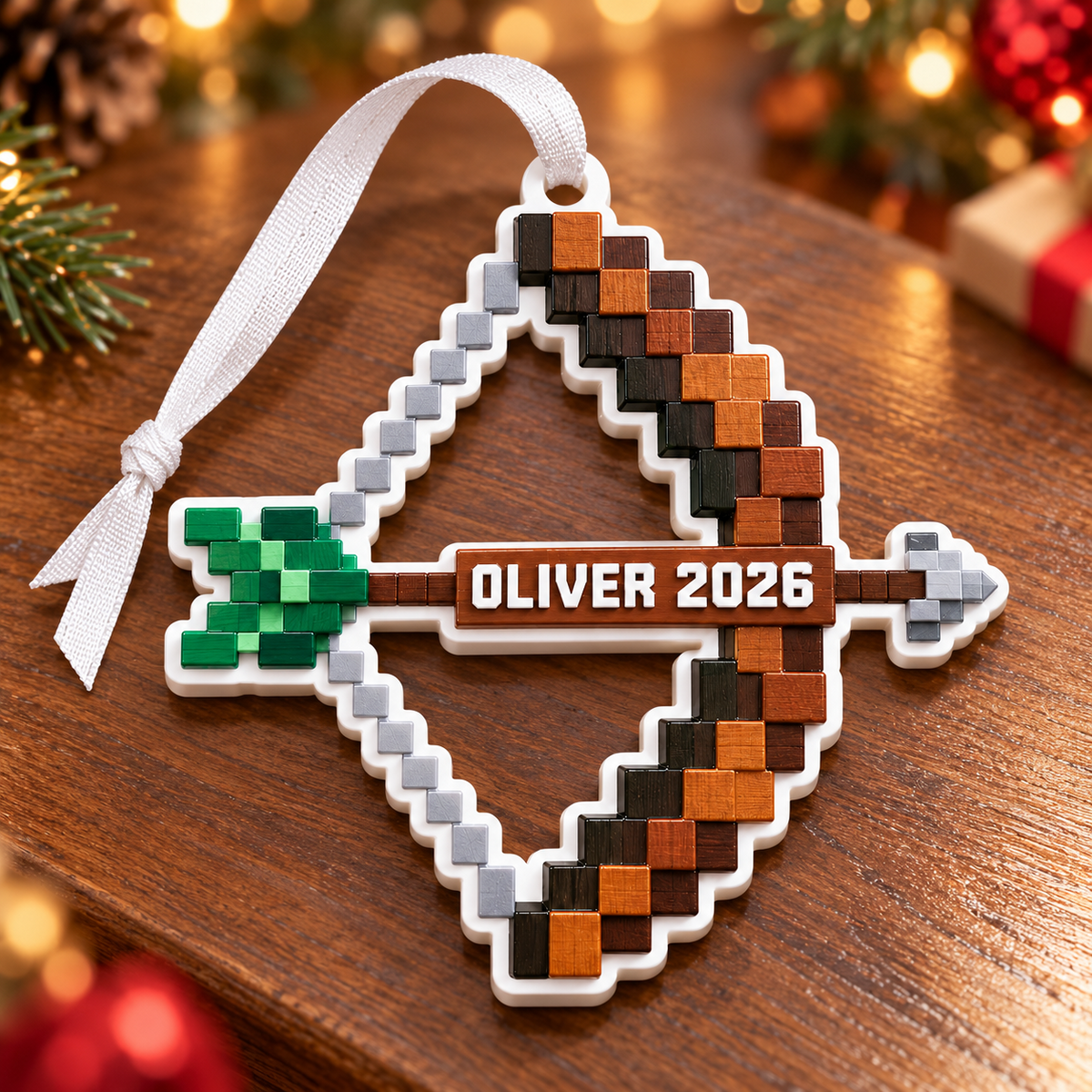 Pixel Art Bow and Arrow Holiday Tree Hanging Decor - 3D Relief Ornament