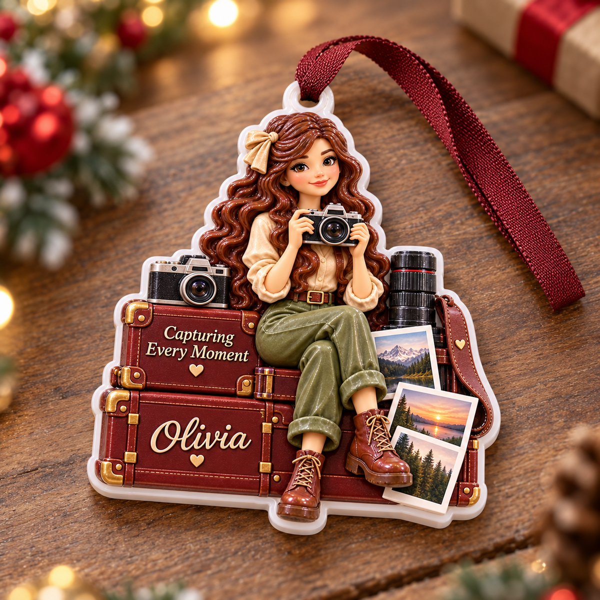 Travel Girl Photographer with Vintage Luggage Acrylic Christmas Hanging Keepsake - 3D Relief Ornament
