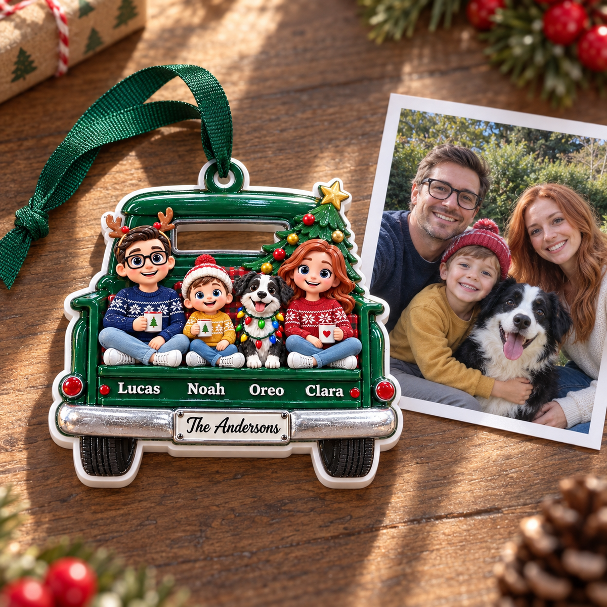 Family and Dog Sitting in Green Vintage Pickup Truck Christmas Decor - 3D Relief Ornament