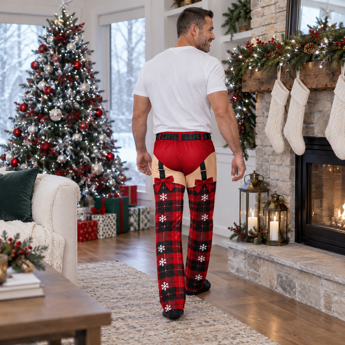 Funny Christmas Pajama Pants Plaid Gingerbread Garter Belt Trousers