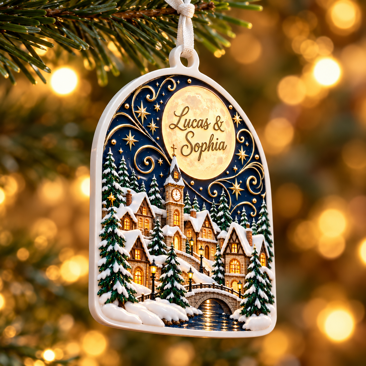 Winter Village Night Scene Arch Acrylic Holiday Hanging Keepsake - 3D Relief Ornament