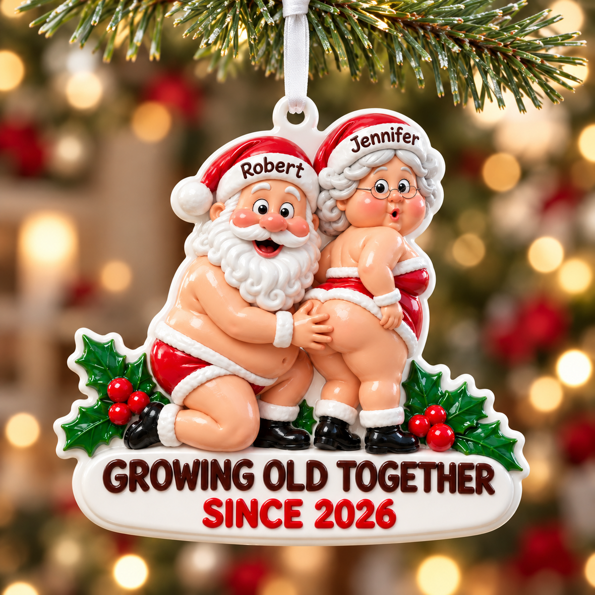 Novelty Santa Couple Christmas Tree Hanging Keepsake, Red and White Festive Plaque - 3D Relief Ornament