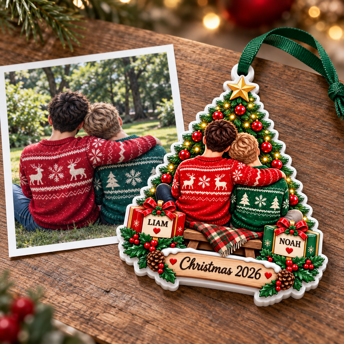 Couple Sitting by Christmas Tree Acrylic Hanging Plaque - 3D Relief Ornament