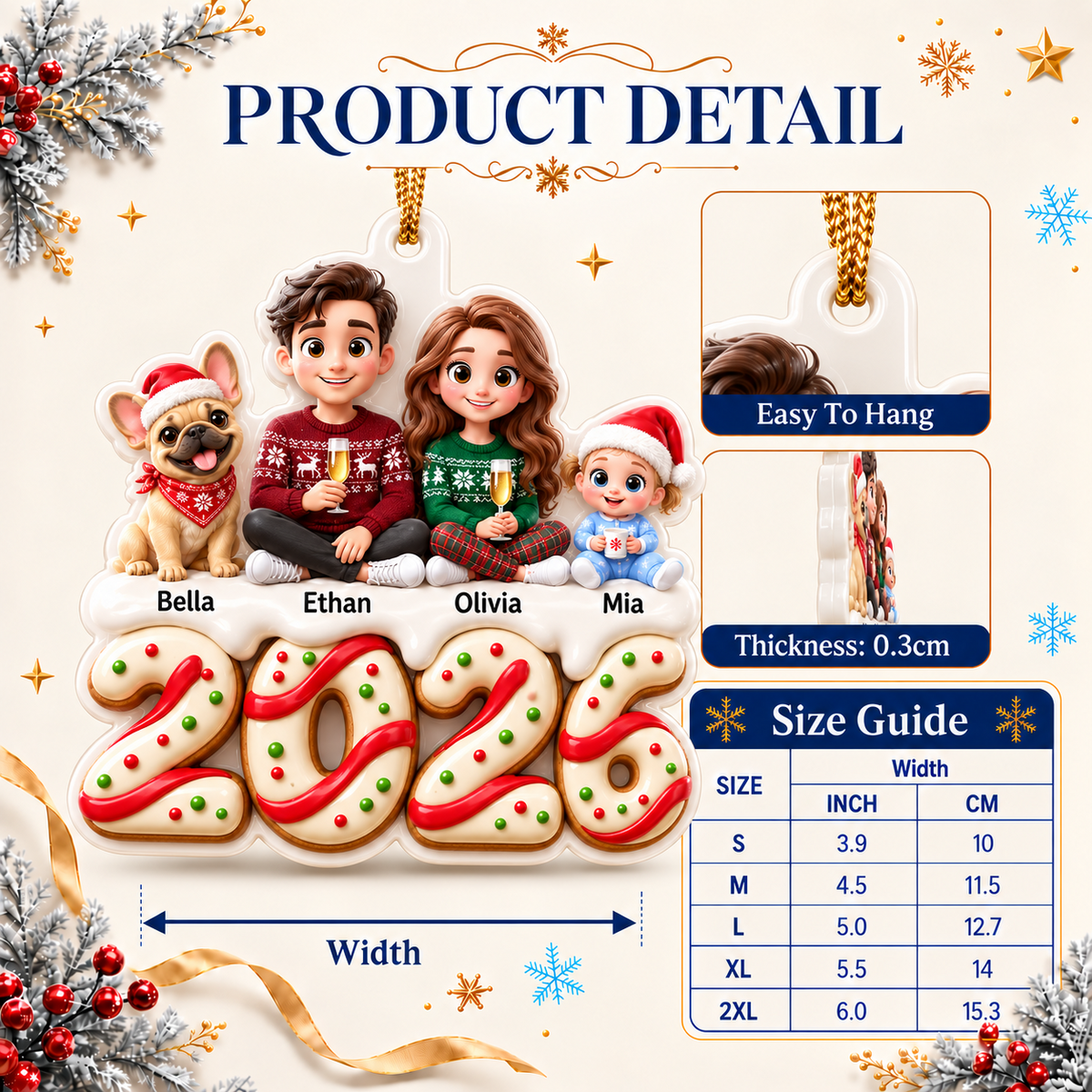Family of Three with Dog 2026 Gingerbread Theme Christmas Tree Hanging Keepsake - 3D Relief Ornament