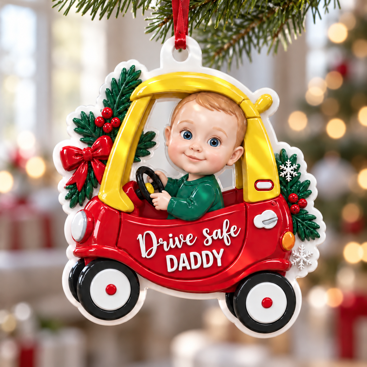 Baby in Red Toy Car Drive Safe Daddy Christmas Tree Keepsake - 3D Relief Ornament
