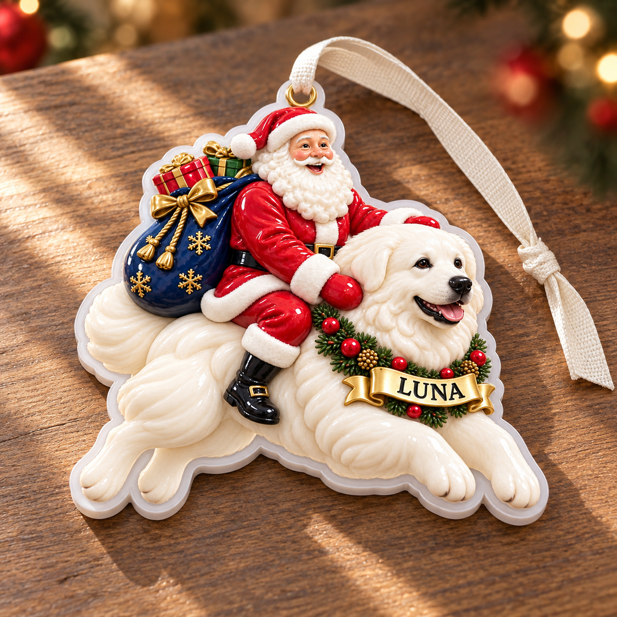 Great Pyrenees Santa Claus Christmas Tree Hanging Decoration - 3D Relief Ornament