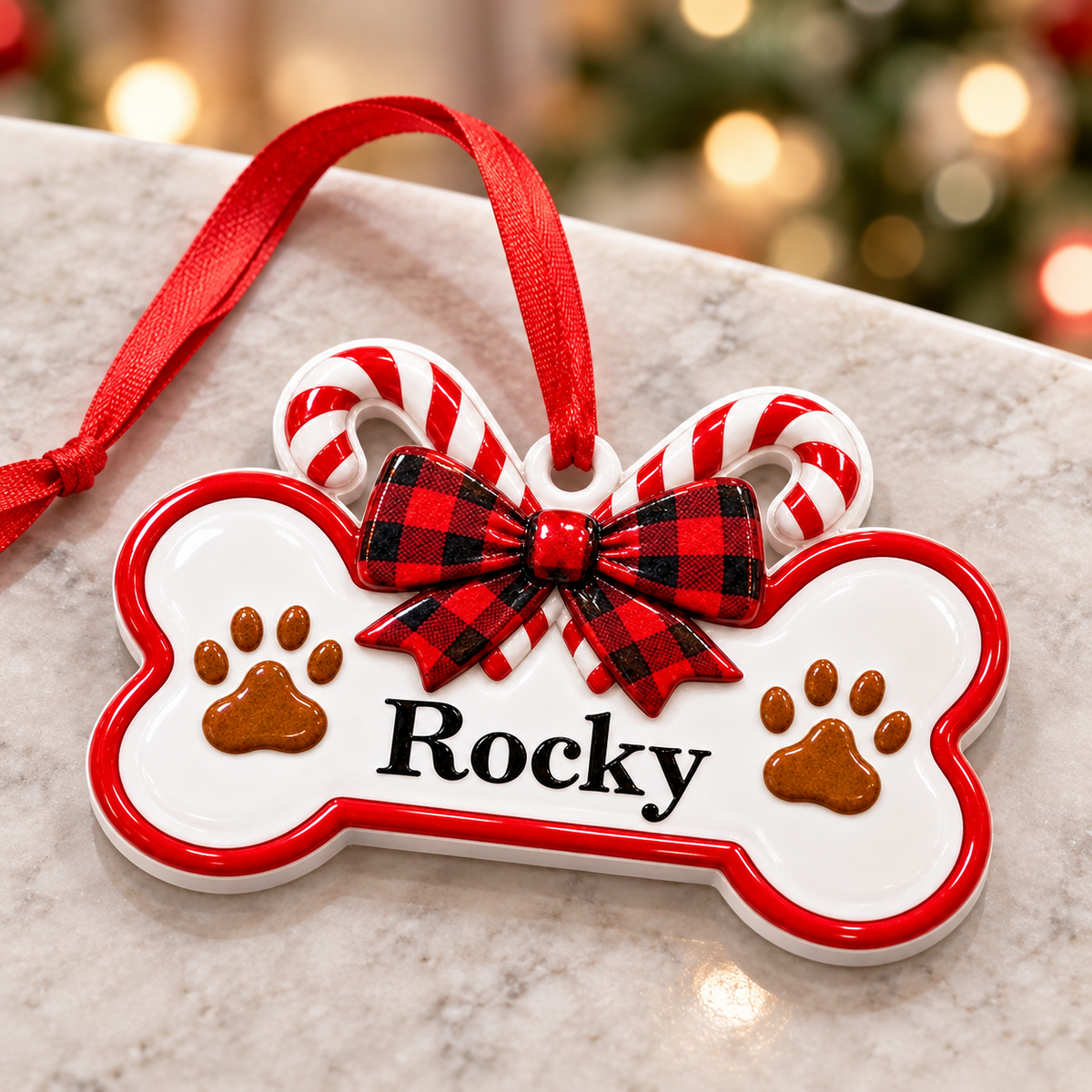 Dog Bone Holiday Keepsake with Candy Canes and Plaid Ribbon Bow - 3D Relief Ornament