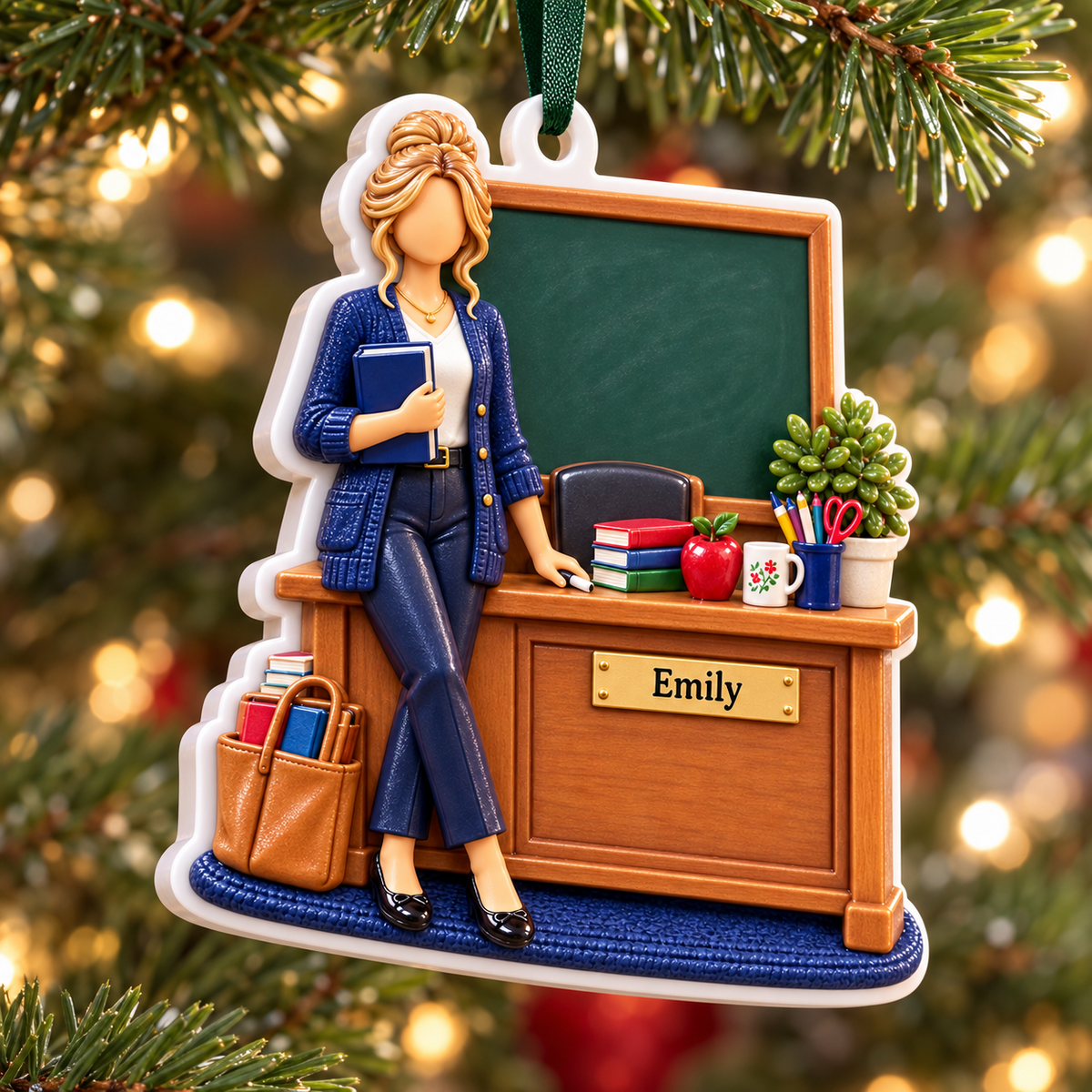 Female Teacher at Classroom Desk with Blackboard and Books Holiday Decor - 3D Relief Ornament