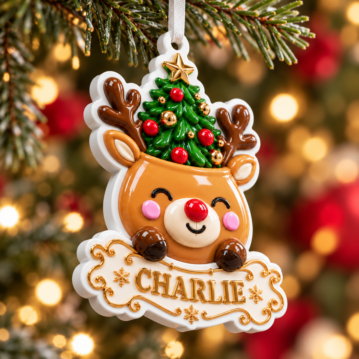 White Ceramic Scalloped Crest Holiday Tree Hanging Decoration - 3D Relief Ornament