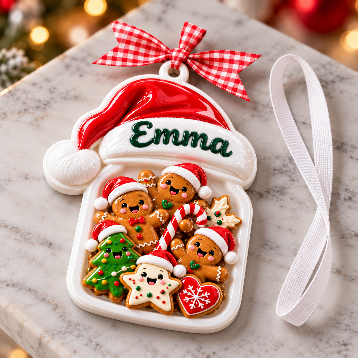 Gingerbread Cookie Jar with Santa Hat Holiday Hanging Keepsake - 3D Relief Ornament