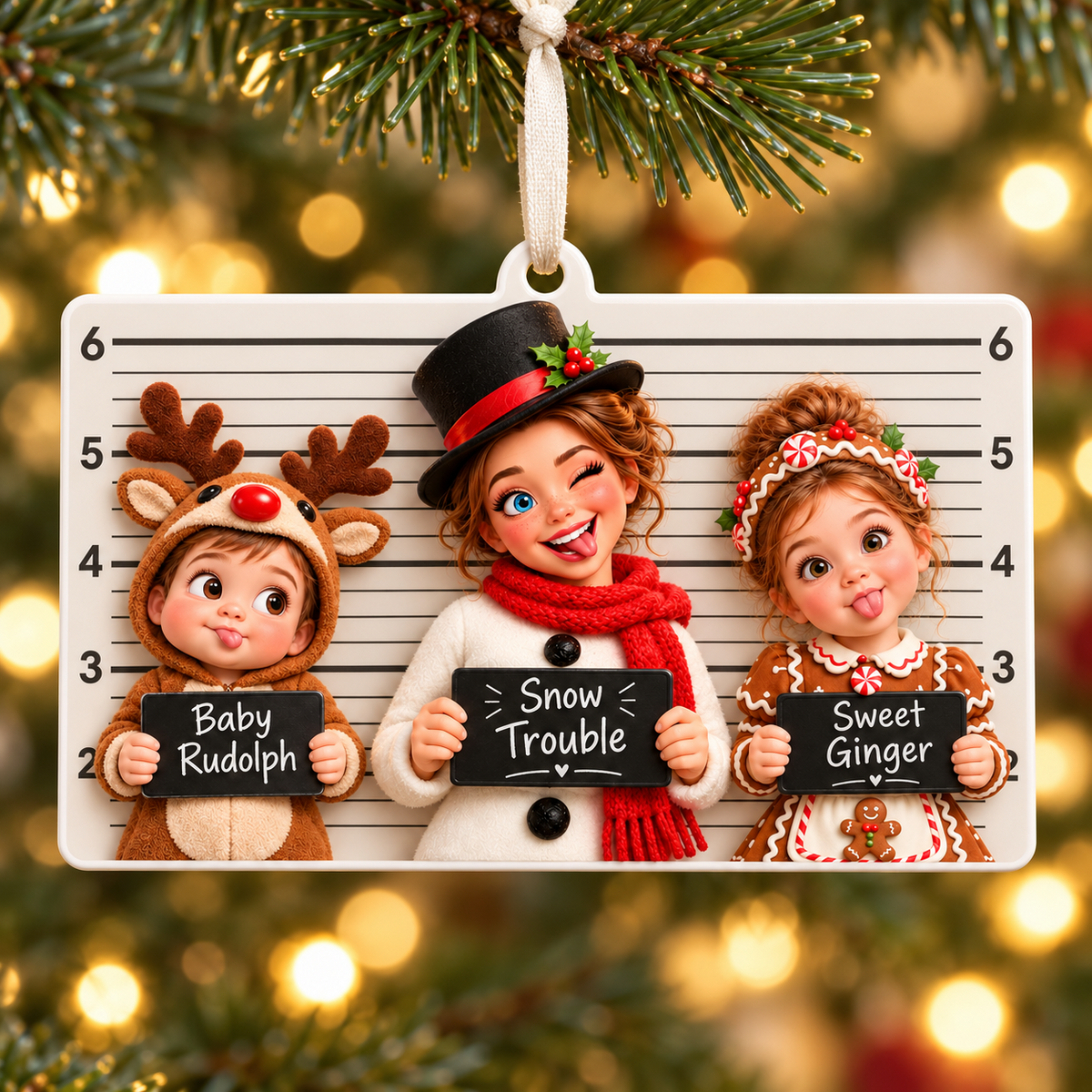 Christmas Mugshot Lineup Kids Costumes Rectangular Hanging Holiday Keepsake - 3D Relief Ornament