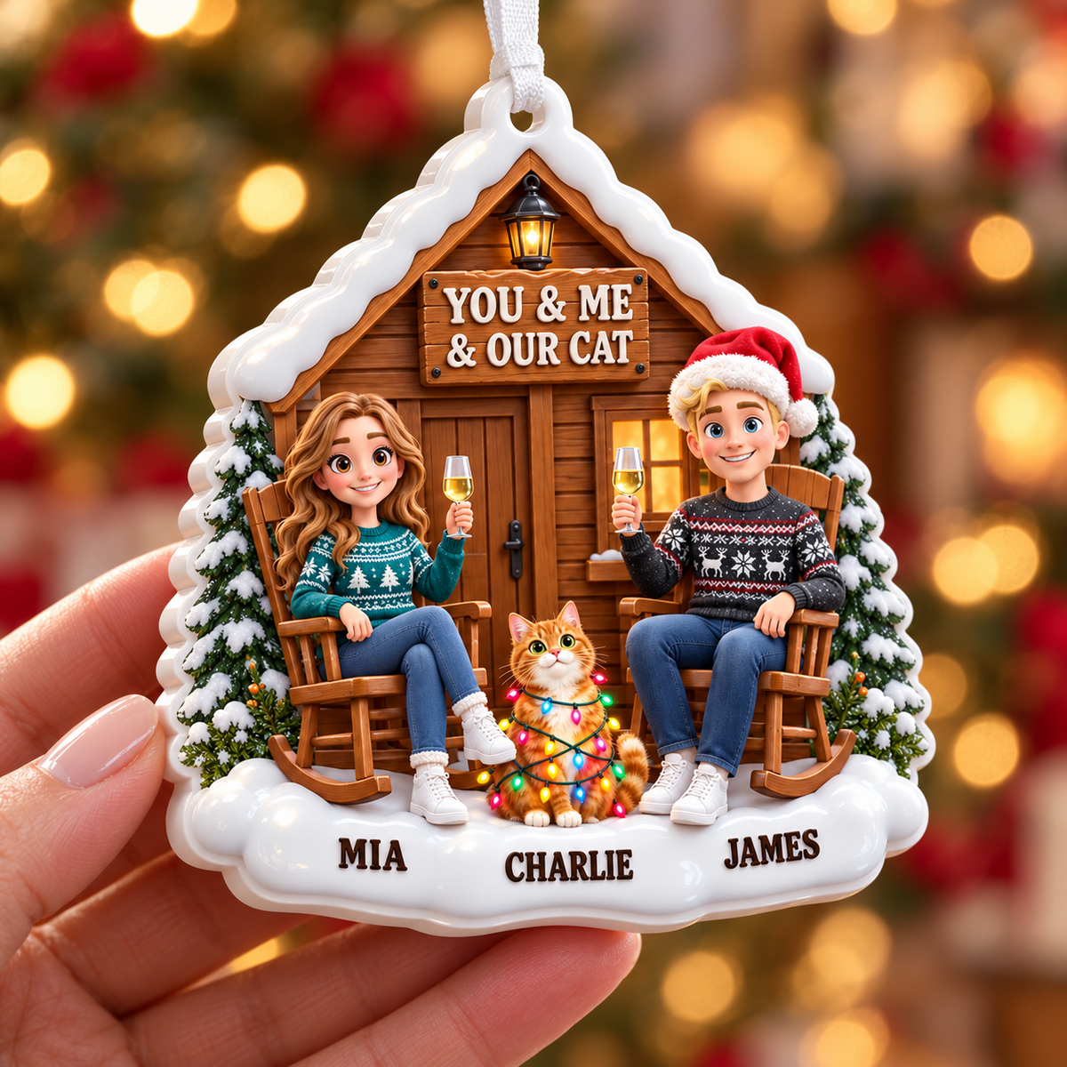 Couple and Cat Winter Log Cabin Porch Holiday Tree Hanging Keepsake - 3D Relief Ornament