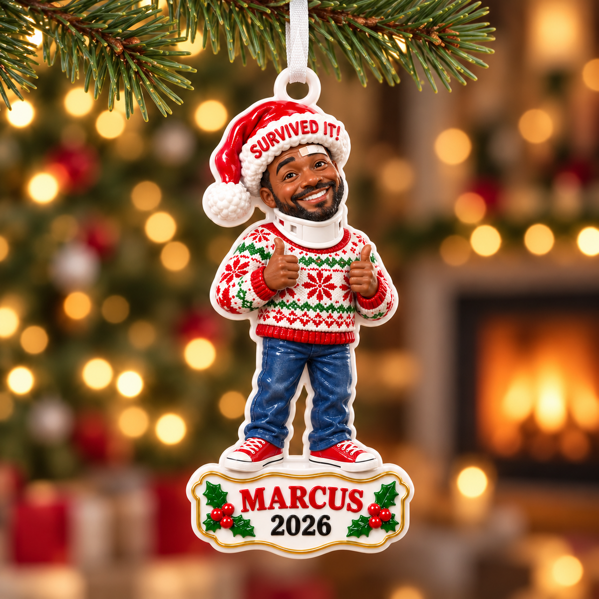 Survived It Injured Man in Ugly Sweater Christmas Tree Hanging Keepsake - 3D Relief Ornament