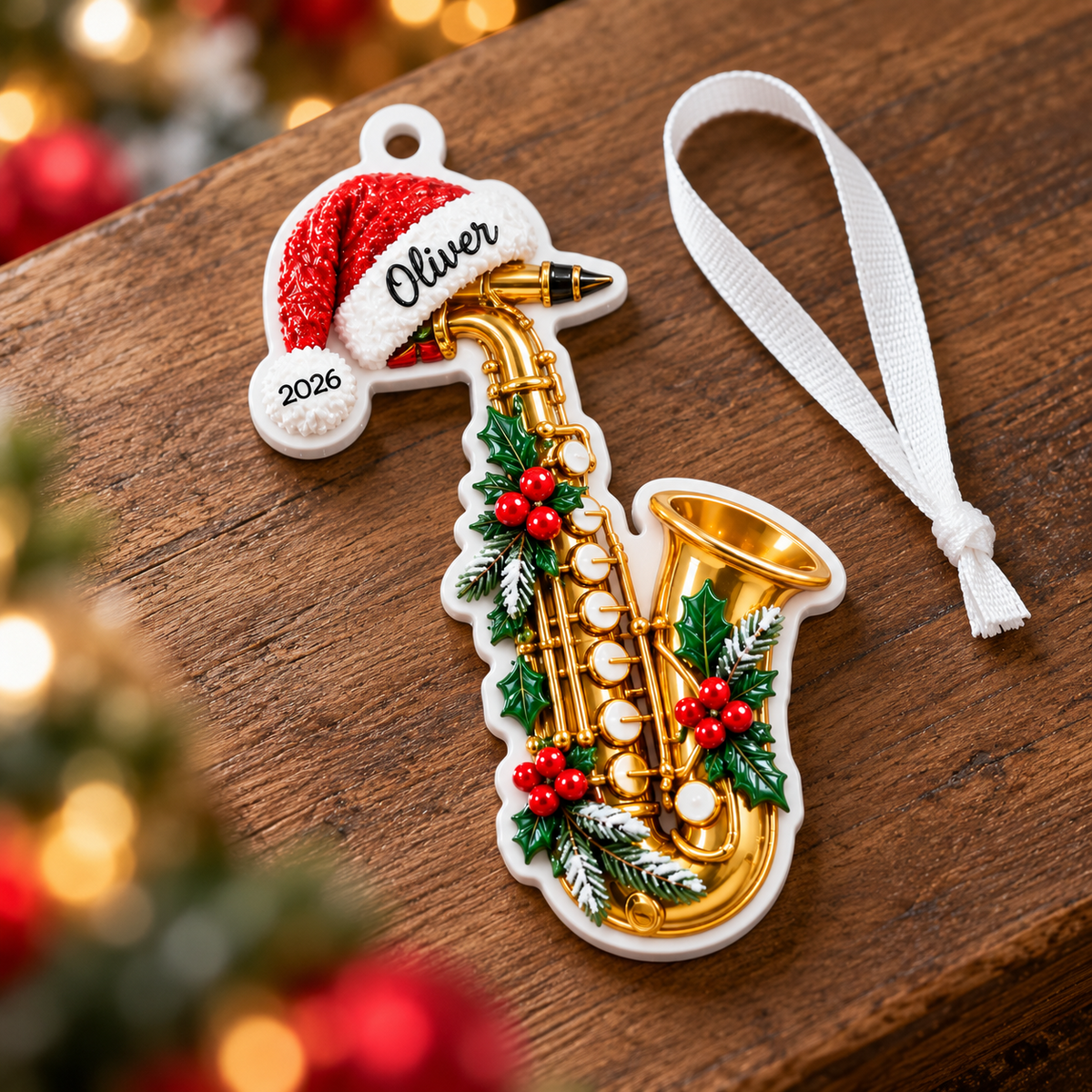 Christmas Golden Saxophone with Santa Hat Hanging Acrylic - 3D Relief Ornament