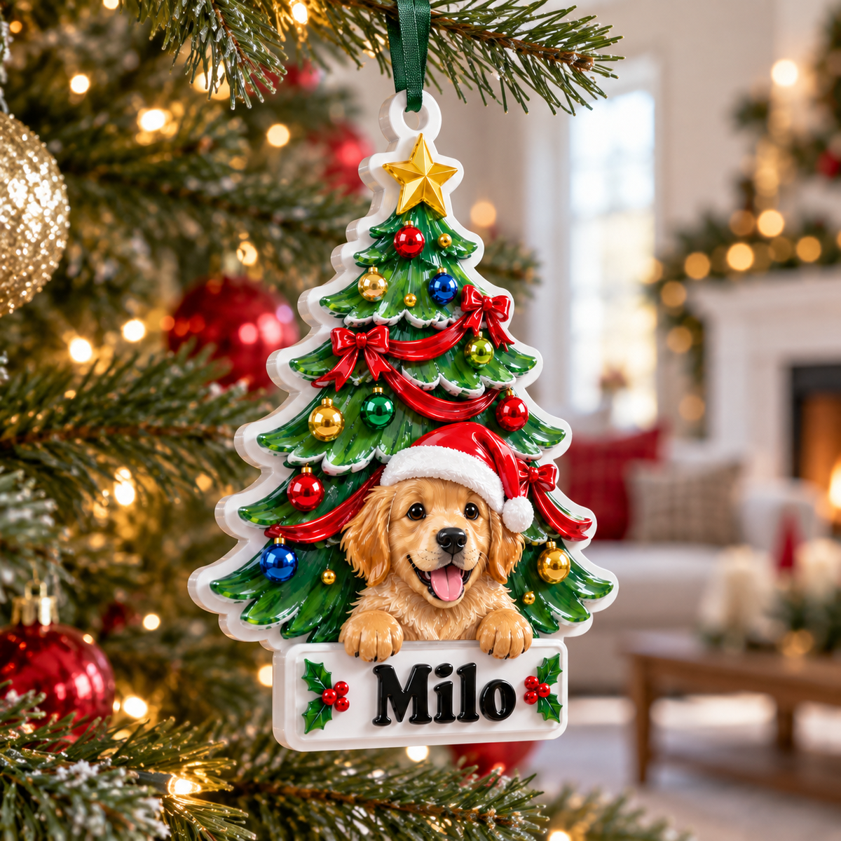 Golden Retriever Puppy Christmas Tree Hanging Holiday Decor - 3D Relief Ornament