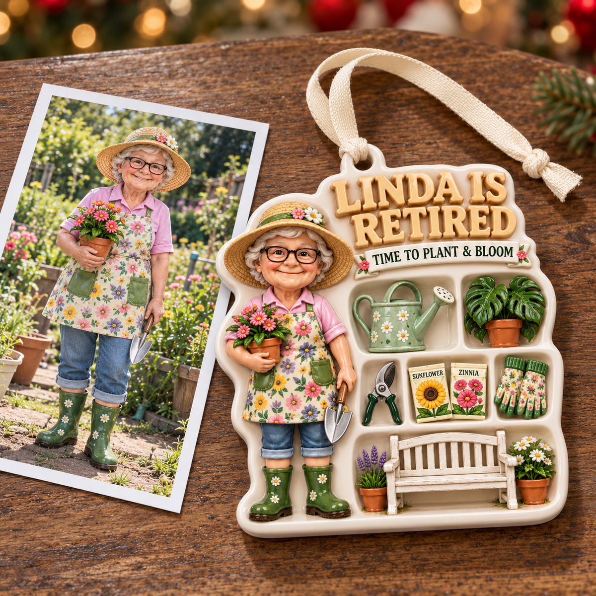 Retired Gardener Woman with Shed Tools and Floral Plants Holiday Keepsake - 3D Relief Ornament