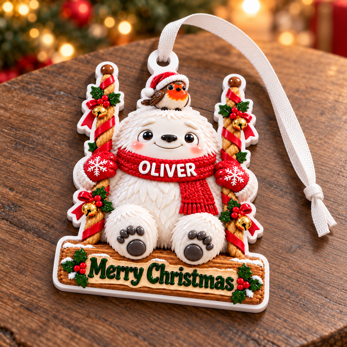 Winter Yeti on Swing with Robin and Holly Christmas Tree Hanging Keepsake - 3D Relief Ornament