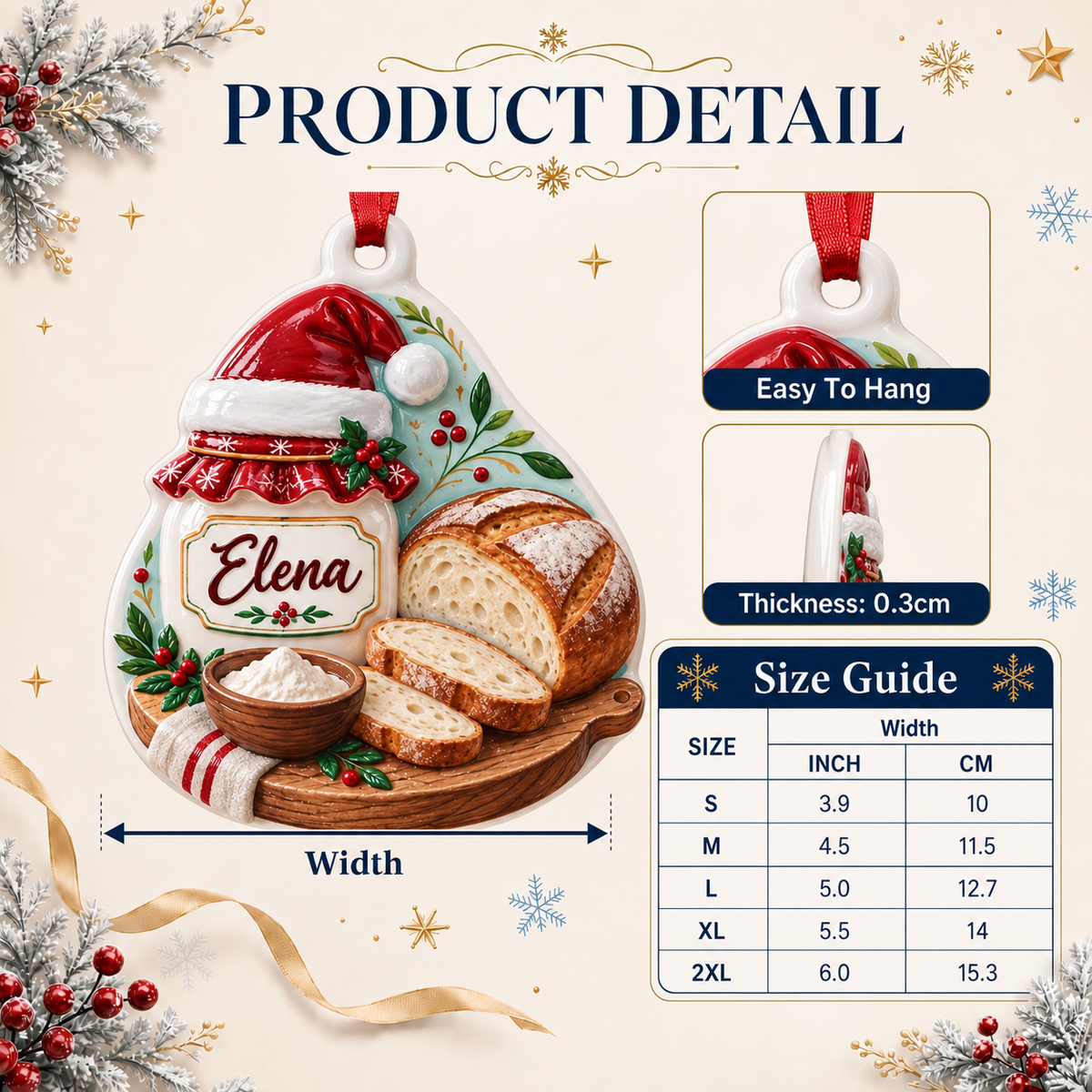 Sourdough Bread Baker Christmas Decoration with Starter Jar and Sliced Loaf - 3D Relief Ornament