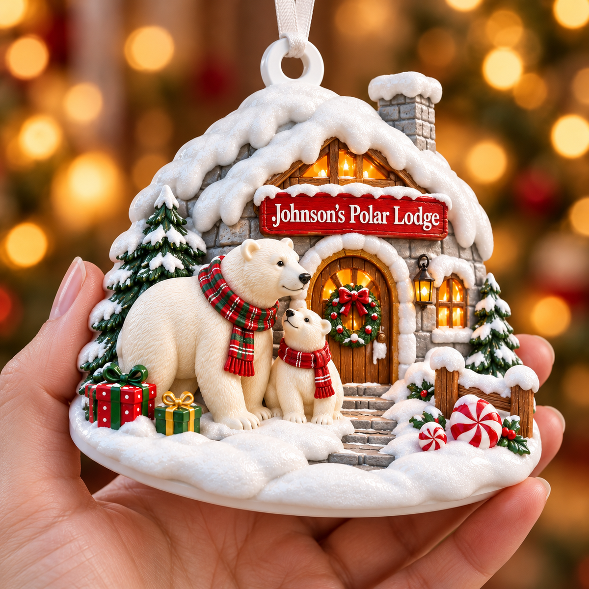 Snowy Cabin Polar Bear Family Christmas Tree Decor - 3D Relief Ornament