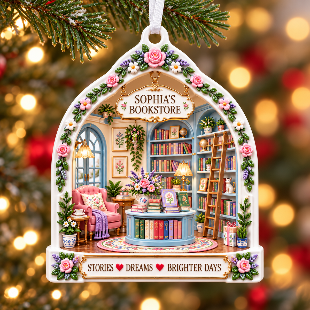 Floral Arch Cozy Bookstore Library Booklover Keepsake - 3D Relief Ornament