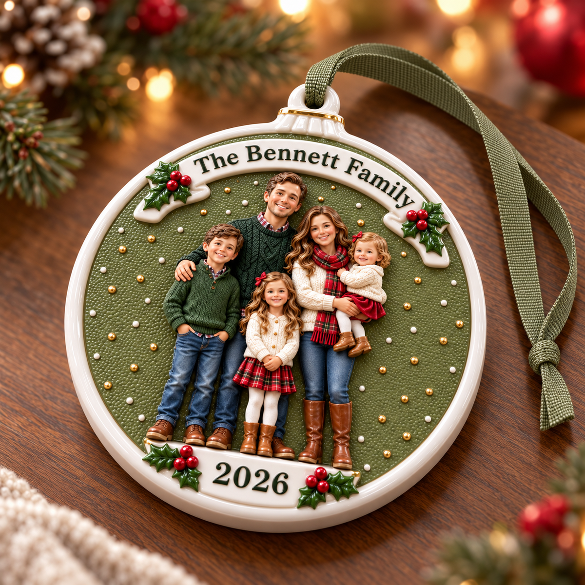 Family Portrait Ceramic Medallion with Ribbon and Holly Accents - 3D Relief Ornament